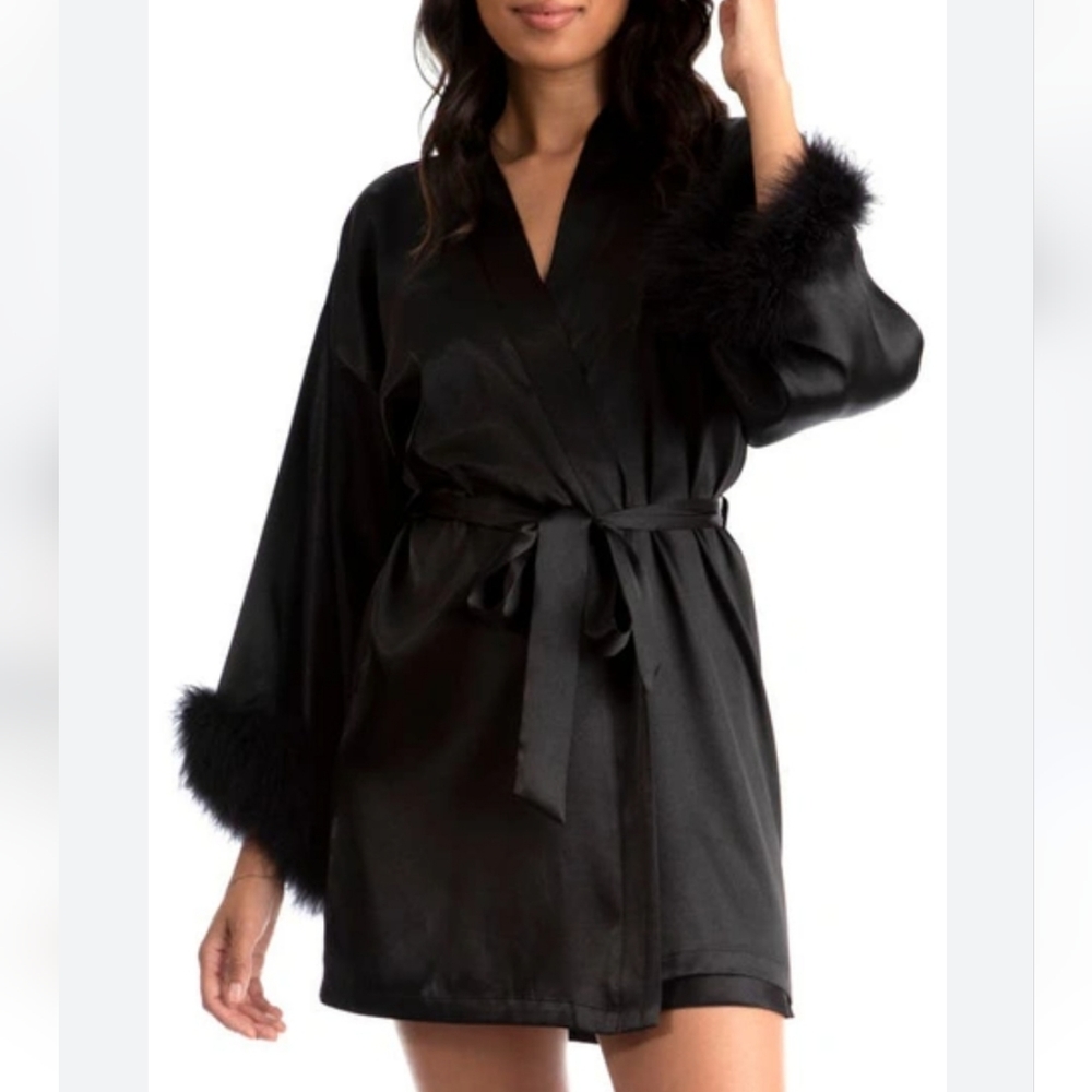 In Bloom by Jonquil Noelle Feather Trim Satin Wrap Robe